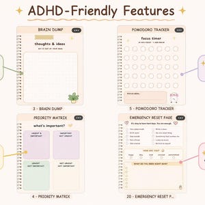 May include: Image displaying ADHD-friendly features: a brain dump, Pomodoro tracker, priority matrix, and emergency reset page. The image highlights features to reduce overwhelm, improve focus, break tasks into steps, and visual organization.