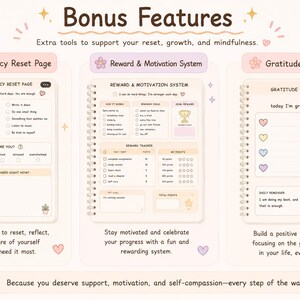 May include: A digital planner spread with three sections: Emergency Reset Page, Reward & Motivation System, and Gratitude Journal. The pages are light beige with pink and purple accents, and feature checkboxes and prompts for self-care and goal setting. The text reads "Bonus Features".