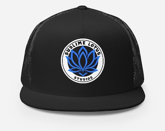 Sublime Lotus Studios Logo Hat | Lotus Trucker Cap | Artist Logo Snapback | Flat Bill Unisex Graphic Hat | Black