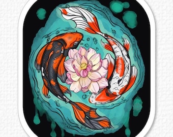 Koi Fish Lotus Flower Sticker | Yin Yang Inspired Koi Art | Symbolic Vinyl Sticker | Balance Resilience & Growth Gift