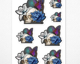 Skull Lotus Butterfly Sticker Sheet | 7 Floral Stickers | Lily and Lotus Flower Sticker Set | Transformation Nature Art