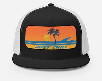 Just Chill Trucker Hat | Black White Palm Tree Sunset Cap | Beach Wave Snapback | Surf Inspired Flat Bill Hat