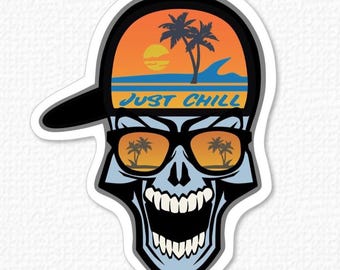 Just Chill Skull Sticker | Palm Tree Sunset Vinyl Sticker | Sunglasses Skull Tropical Art | Beach Vibes Sticker