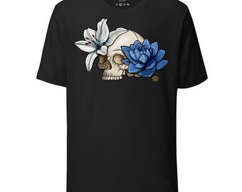 Skull Lotus Lily Shirt | Floral Skull Unisex Graphic Tee | Resilience & Renewal Flower T Shirt | Vintage Black