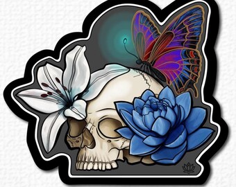 Skull Lotus Butterfly Vinyl Sticker | Black Border Floral Skull & Lily Art | Transformation Symbolic Sticker