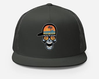 Just Chill Skull Trucker Hat | Palm Tree Sunset Snapback Cap | Skull Sunglasses Hat | Tropical Beach Graphic Cap - Charcoal