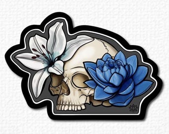 Skull Lotus Lily Vinyl Sticker | Black Border Floral Skull Art | Resilience & Renewal Symbolic Flower Sticker