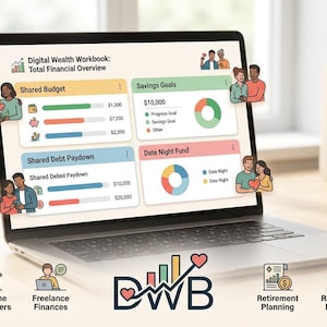 Op de afbeelding: Een laptop toont een financieel overzicht met grafieken. Het scherm toont "Digital Wealth Workbook" en secties voor gedeeld budget, spaardoelen en schuldaflossing. Pictogrammen voor het kopen van een huis, financiën en pensioen zijn zichtbaar.