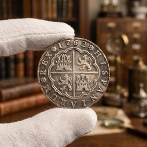 Peut inclure: Une pièce de monnaie circulaire de couleur argentée présentant une croix centrale divisant quatre quadrants avec des motifs alternés de château et de lion. Le bord extérieur porte l'inscription HISPANIARUM REX 1762, séparée par des motifs floraux.