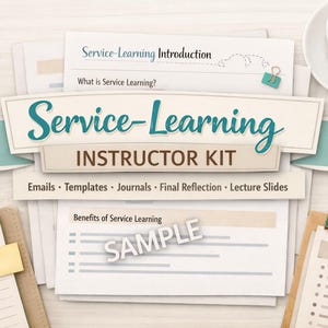 May include: A flat lay featuring a Service-Learning Instructor Kit with documents, a notepad, and a cup of coffee. The kit includes emails, templates, journals, and lecture slides. Gold paperclips, a pen, and a star-shaped paperclip are also visible.