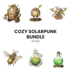 May include: A digital collection titled COZY SOLARPUNK BUNDLE 79 PNG featuring illustrations of a robot with a watering can, a small robot, a drone with plant pots, a mechanical bee, and two glass bottles filled with glowing green liquid.