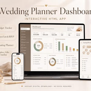 Op de afbeelding: Digitaal dashboard voor een huwelijksplanner weergegeven op een laptop, tablet en smartphone. De interface toont budget-, gastenlijst-, zitplaats- en leveranciersinformatie. De tekst luidt "Wedding Planner Dashboard" en "Interactive HTML App".