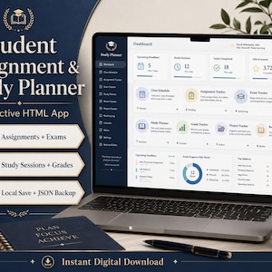 Pode incluir: Um laptop exibindo uma interface de planejador de estudos e tarefas para estudantes. A tela mostra um painel com sessões de estudo, prazos e acompanhamento de notas. Um caderno com "Plan, Focus, Achieve" está em primeiro plano, junto com uma caneta e uma caneca.