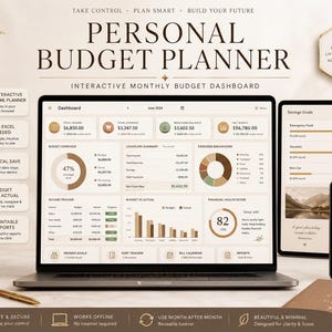 May include: A digital personal budget planner displayed on a laptop, tablet, and smartphone. The screens show financial dashboards with charts and graphs. The image includes a notebook, pen, and a candle, with text that reads "Personal Budget Planner".