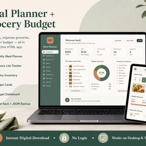Może przedstawiać: Laptop i tablet wyświetlające interfejs aplikacji do planowania posiłków i budżetu na zakupy spożywcze. Ekran laptopa pokazuje pulpit nawigacyjny ze szczegółami planu posiłków, przeglądem budżetu i podglądem listy zakupów. Tablet wyświetla tygodniowy plan posiłków. Tekst zawiera "Meal Planner + Grocery Budget."