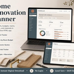 May include: A laptop and tablet showing a home renovation planner interface. The screens display project budgets and progress. The image includes the text: "Home Renovation Planner" and "Instant Digital Download."