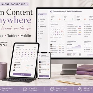 May include: A digital content planner displayed on a desktop computer, tablet, and smartphone. The text "Plan Content Anywhere" is featured, along with "Desktop, Tablet, Mobile." The image includes a mug, books, and a pen. The planner is described as a "Responsive HTML App."