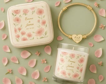 Essential Engagement Bundle | Engraved Bracelet Jewelry Case & Candle | Floral Engagement Gift for Her