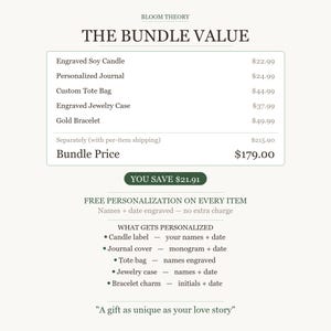 Signature Engagement Bundle | Personalized Gift Set for Her | Engraved Bracelet Jewelry Case Journal Tote & Candle | Floral Bride Gift afbeelding 13