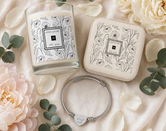 Essential Engagement Bundle | Engraved Bracelet Jewelry Case & Candle | Classic Black And White Engagement Gift for Her