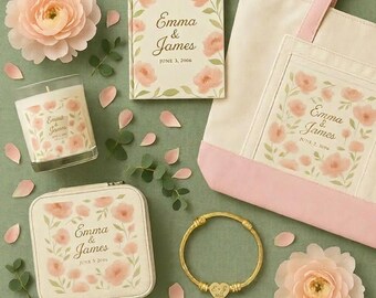 Signature Engagement Bundle | Personalized Gift Set for Her | Engraved Bracelet Jewelry Case Journal Tote & Candle | Floral Bride Gift