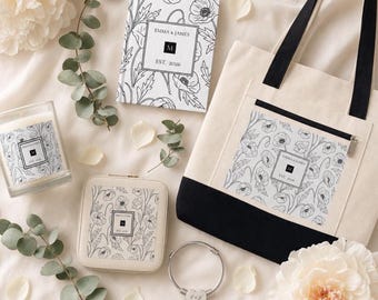The Classic Set | Personalized Engagement Gift Bundle | Black And White Botanical Monogram | Bracelet Journal Tote Jewelry Case Candle