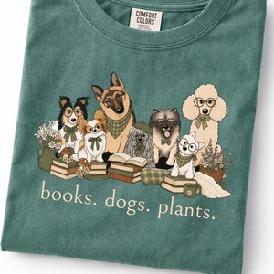 Dog Lover Comfort Colors Shirt, Books Plants Graphic Tee, Cottagecore Reader Tee