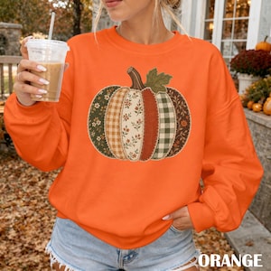 May include: A bright orange long-sleeve sweatshirt featuring a large central graphic of a pumpkin. The pumpkin is composed of vertical segments with various patterns including floral prints, plaid, and gingham in shades of green, brown, and cream.