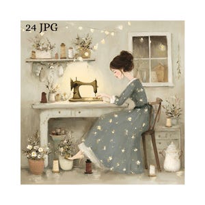 Può includere: Illustrazione di una persona che cuce con una macchina da cucire vintage. La persona indossa un abito blu con dettagli dorati. La stanza è decorata con fiori e accessori per cucire.