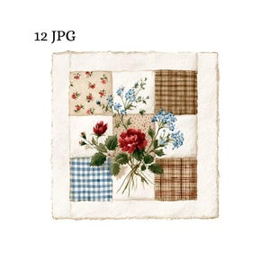 Puede incluir: Una pintura a la acuarela de un arreglo floral sobre un diseño de colcha de retazos. El ramo presenta rosas rojas y flores azules. Los cuadrados de la colcha tienen patrones florales, a cuadros y de lunares. El texto "12 JPG" está en la esquina superior izquierda.