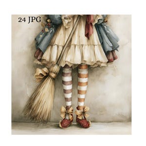 May include: A watercolor illustration of a figure wearing a cream-colored ruffled dress, a blue jacket, and striped stockings. The figure wears red glittery shoes with bows and holds a straw broom. The text 24 JPG is visible in the corner.