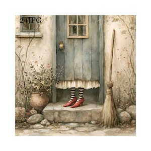 May include: Watercolor illustration of a whimsical scene. A blue door with a small window is slightly ajar, revealing striped socks and red polka-dot shoes. A broom leans against the wall. A pot of flowers sits to the left.