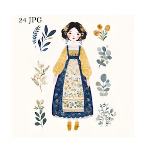 May include: A digital illustration of a character with dark hair wearing a yellow long-sleeved top and a blue floral apron dress, accompanied by various botanical elements including leaves and flowers, with the text 24 JPG visible in the corner.