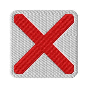 May include: A square-shaped embroidered patch featuring a bright red X symbol centred on a light grey background. The patch has rounded corners and a visible stitched texture throughout, creating a clean and distinct graphic design element.