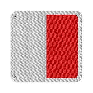 May include: A square-shaped embroidered patch featuring a vertical split design. The left side is light grey, and the right side is bright red. The entire patch is finished with a thick, light grey stitched border with rounded corners.