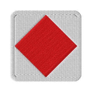 May include: A square embroidered patch featuring a light grey background with a textured, stitched finish. Centered on the patch is a solid, vibrant red diamond shape that contrasts with the neutral grey border and base of the square fabric.