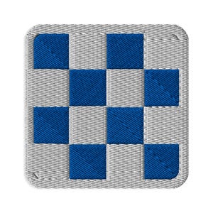 May include: A square embroidered patch featuring a blue and light grey checkered pattern. The design consists of a grid of alternating solid blue squares and light grey squares with a visible stitched texture throughout the entire surface.