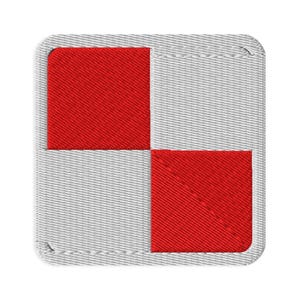 May include: A square embroidered patch featuring a checkered pattern with two red squares and two white squares arranged in a diagonal layout. The patch has rounded corners and a visible stitched border, showcasing a dense thread texture throughout.