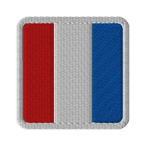 May include: A square embroidered patch featuring a vertical tricolor design with a red panel on the left, a white centre panel, and a blue panel on the right. The patch has rounded corners and a thick, light grey stitched border around the edge.
