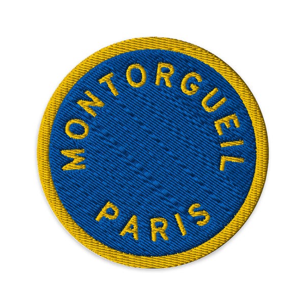 Montorgueil Embroidered Patch | Paris Neighborhood Iron-On | Stohrer Blue + Saint-Eustache Gold | 3"