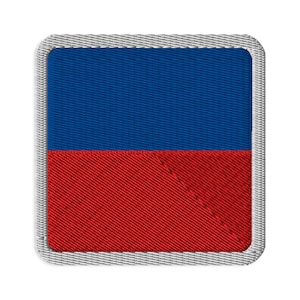 May include: A square embroidered patch featuring a horizontal split design with a solid blue upper half and a solid red lower half. The patch is finished with a thick, light grey stitched border that frames the entire square shape.