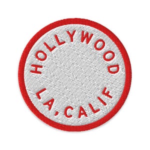 Hollywood Broderad Tygmärke | Los Angeles, Kalifornien Stryk-på | Capitol Records Morse Beacon Röd + Hollywood Skylt Vit | 7,5 cm