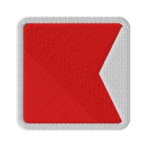 May include: A square embroidered patch featuring a red swallowtail flag design with a white border. The patch has a distinct fabric texture with visible stitching throughout the red and white areas, creating a clean and defined geometric shape.