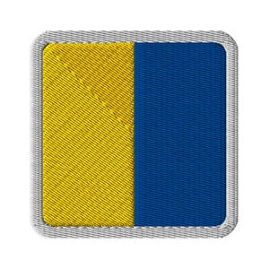 May include: A square embroidered patch featuring a vertical split design with a bright yellow left half and a deep blue right half. The patch is finished with a thick, light gray stitched border that frames the square shape with rounded corners.