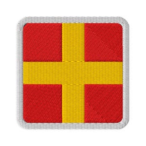 May include: A square embroidered patch featuring a vibrant red background divided into four equal quadrants by a bold yellow cross. The patch has a thick, light gray stitched border that frames the entire square design with a textured finish.