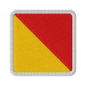 May include: A square embroidered patch featuring a diagonal split design. The upper right triangle is red, and the lower left triangle is yellow. The patch has a thick, light grey stitched border with rounded corners and a visible fabric texture.