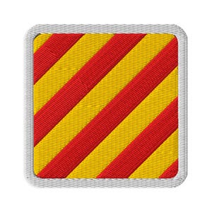 May include: A square embroidered patch featuring a repeating pattern of diagonal red and yellow stripes. The patch has rounded corners and is finished with a thick, light grey stitched border that frames the vibrant striped design throughout.