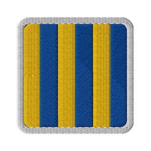 May include: A square embroidered patch featuring a pattern of vertical stripes in alternating shades of bright yellow and royal blue. The patch is finished with a thick, light gray stitched border that frames the square shape with rounded corners.