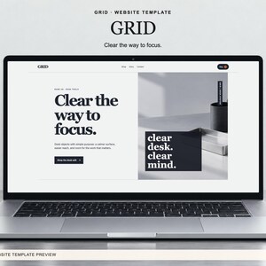 Shopify-Theme-Vorlage GRID für Shops für Büroaccessoires, mit Startseite, Shop- und Produktseiten, einer Anleitung zur Bildeinrichtung sowie Liquid-, JSON- und CSS-Dateien.