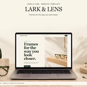Lark & ​​Lens Shopify-Theme-Vorlage für Optikergeschäfte mit Startseite, Shop- und Produktseiten, einer Anleitung zur Bildeinrichtung sowie Liquid-, JSON- und CSS-Dateien